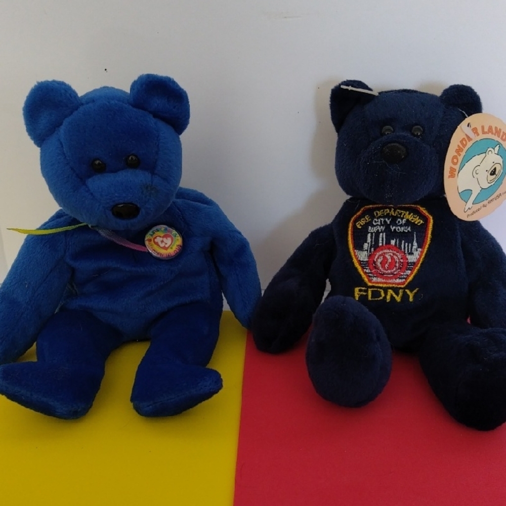 1998 Ty Baby Blue Clubby Bear No Tag FDNY Patch in Honor Of 9/11 Wonderland Bear